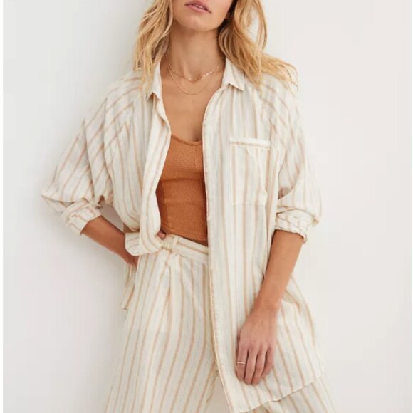 Linen Blend Oversized Button Down Shirt - Tan Vertical Stripes - Picture 1 of 11